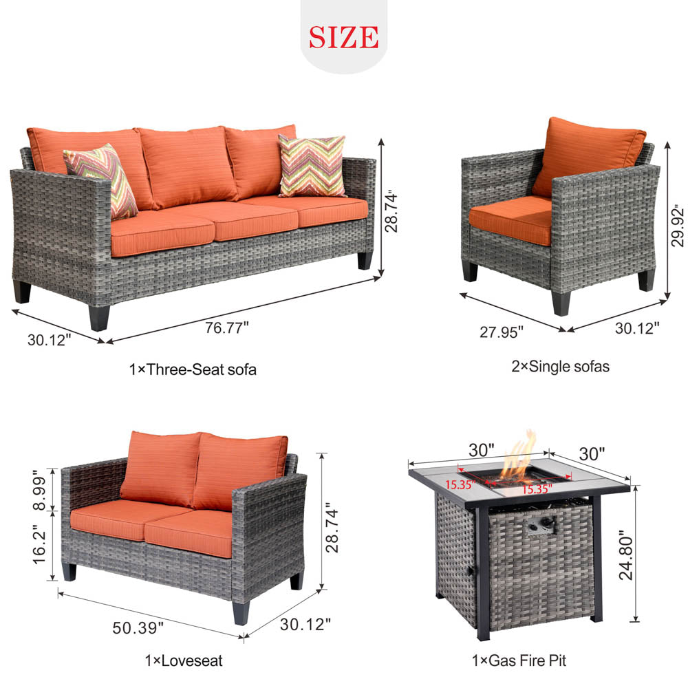 Ovios Patio Vultros Furniture Set 7-Person Seating with 30'' Propane Fire Pit Table
