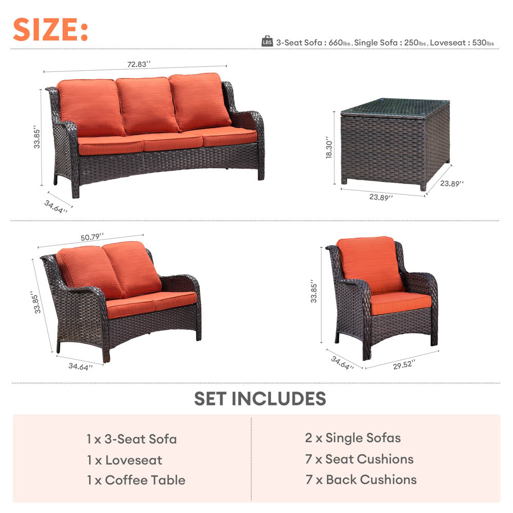 Ovios Patio Kenard 5-Piece Conversation Set with Loveseat and Tempered Glass Table