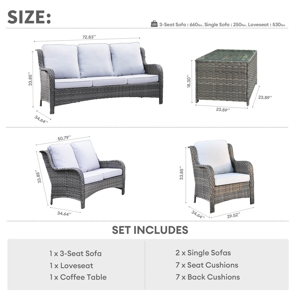 Ovios Patio Kenard 5-Piece Conversation Set with Loveseat and Tempered Glass Table