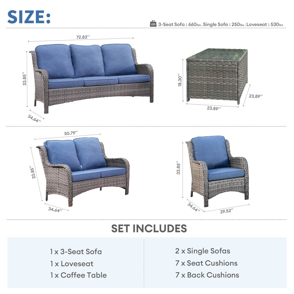 Ovios Patio Kenard 5-Piece Conversation Set with Loveseat and Tempered Glass Table