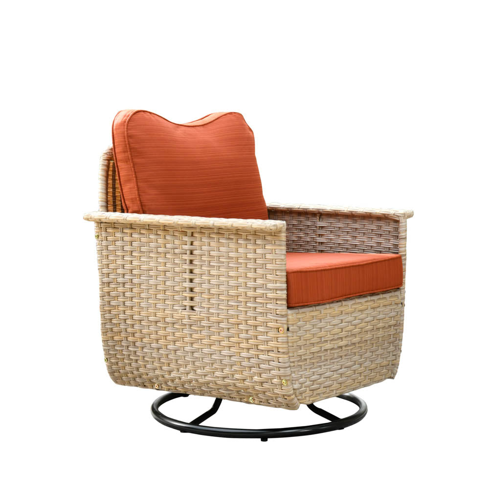 Ovios Patio Pet Conversation Set Beige Wicker 7 Pieces with 30'' Fire Pit and Swivel Rocking Chairs