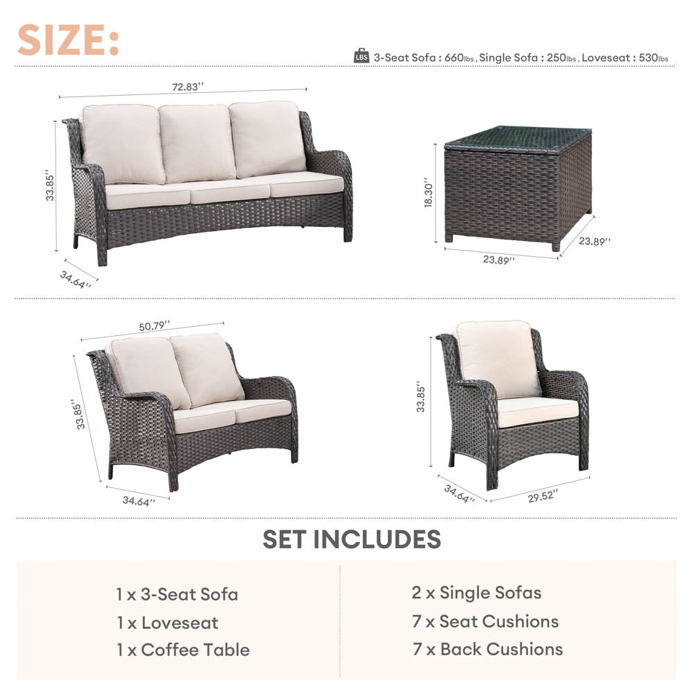 Ovios Patio Kenard 5-Piece Conversation Set with Loveseat and Tempered Glass Table