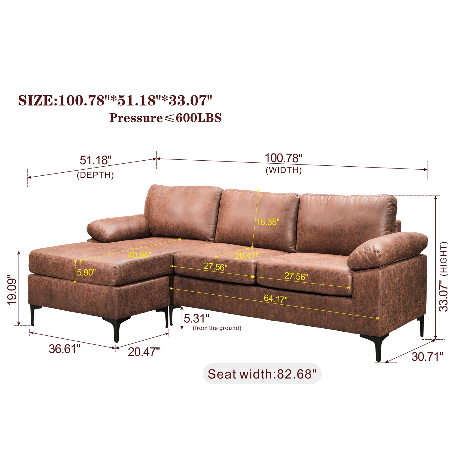 Ovios Living Room Reversible Sofa Chaise 100.40" Wide with Ottoman