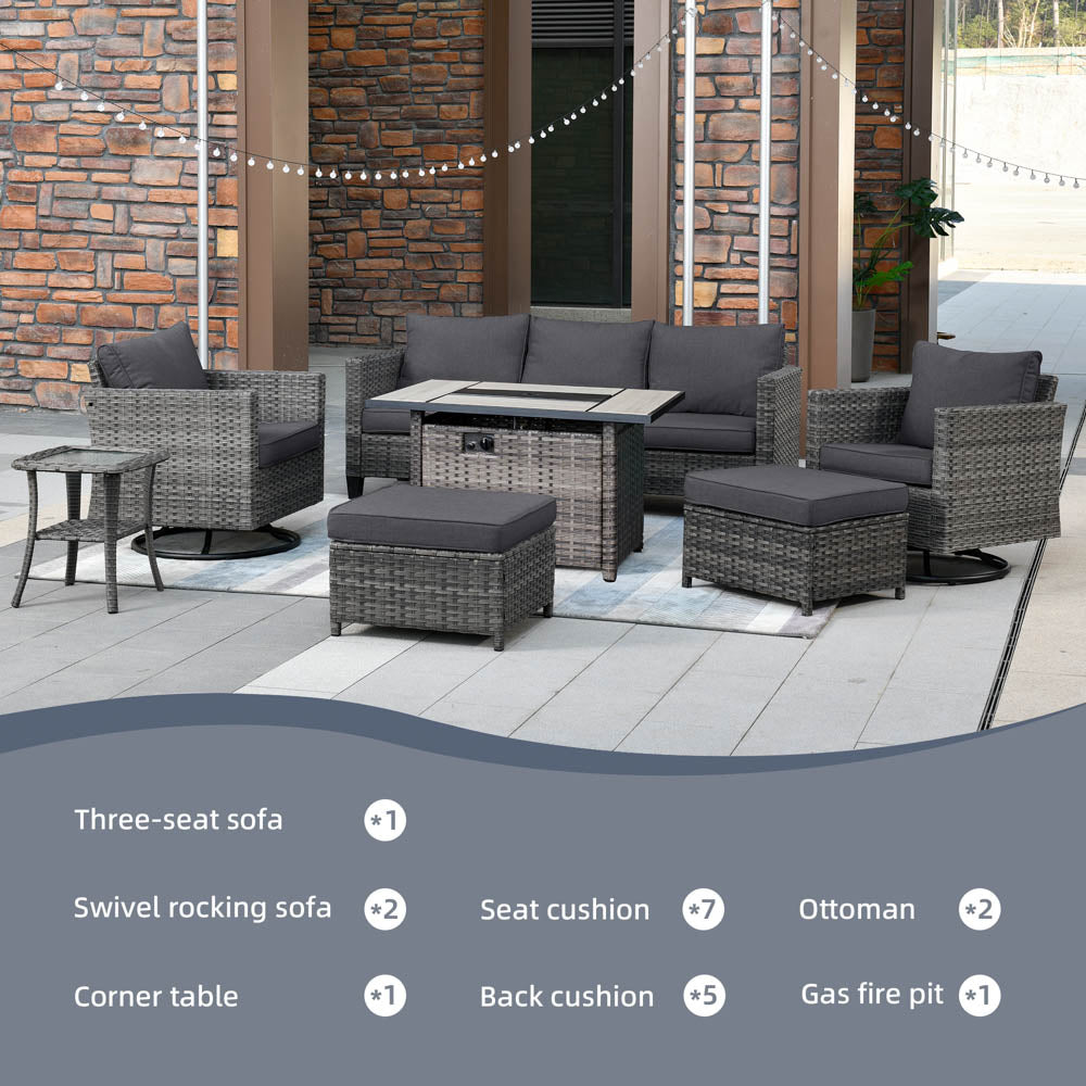 Ovios Patio Vultros 7-Piece Set With Swivel Chair and Rectangle 42'' Propane Fire Pit Table