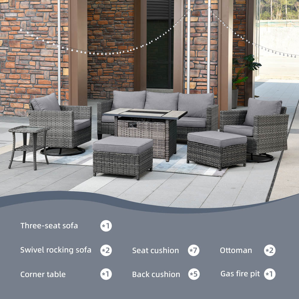 Ovios Patio Vultros 7-Piece Set With Swivel Chair and Rectangle 42'' Propane Fire Pit Table