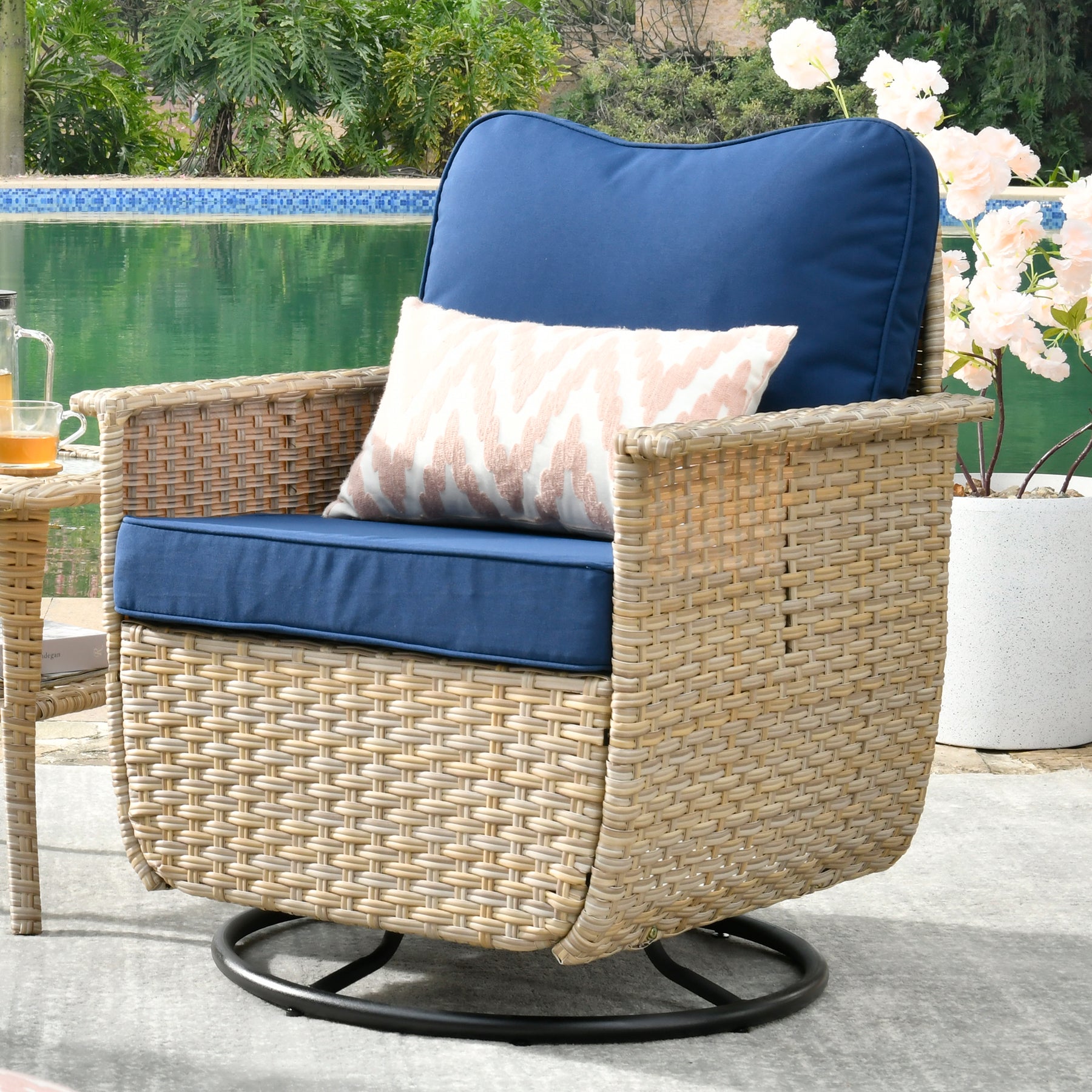 Ovios Outdoor Furniture Beige Wicker Set 8 Pieces with 2 Swivel Chair Side Table and Multifunctional Storage