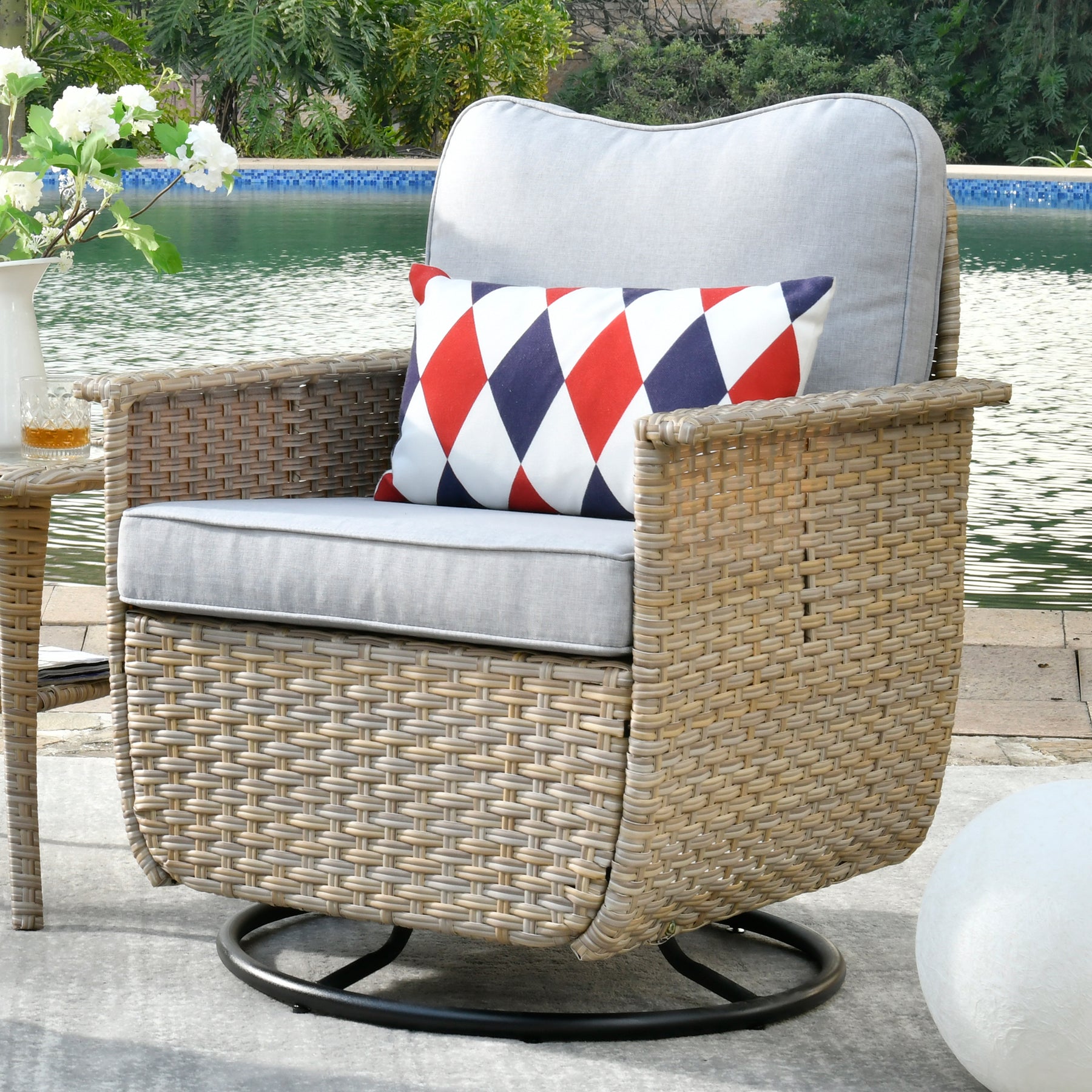 Ovios Outdoor Furniture Beige Wicker Set 8 Pieces with 2 Swivel Chair Side Table and Multifunctional Storage