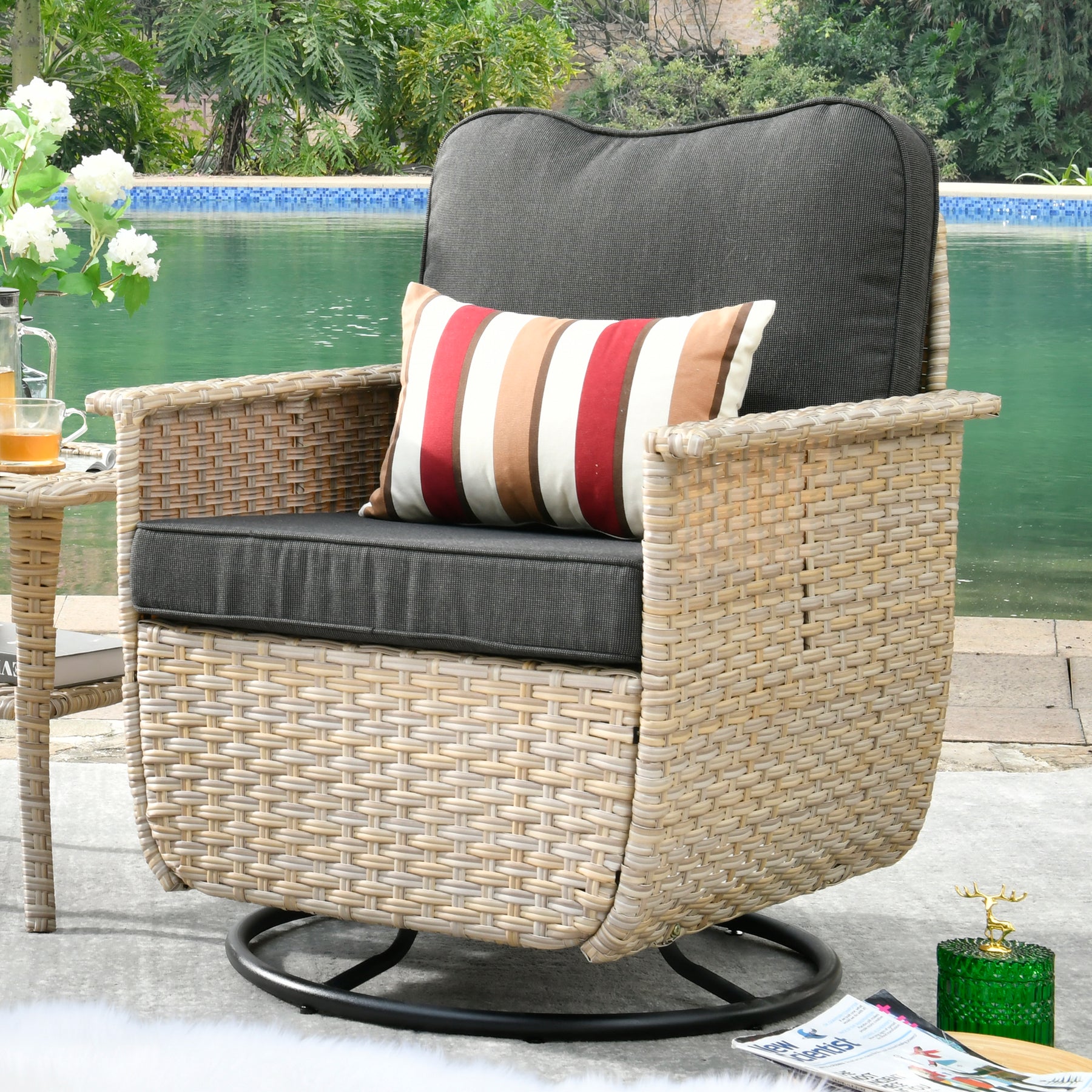 Ovios Outdoor Furniture Beige Wicker Set 8 Pieces with 2 Swivel Chair Side Table and Multifunctional Storage