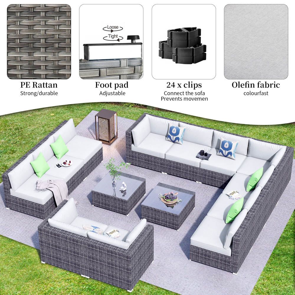 OVIOS Patio Furniture Set 14-Piece with All Weather Rattan Wicker Sofa and Tempered Glass Table