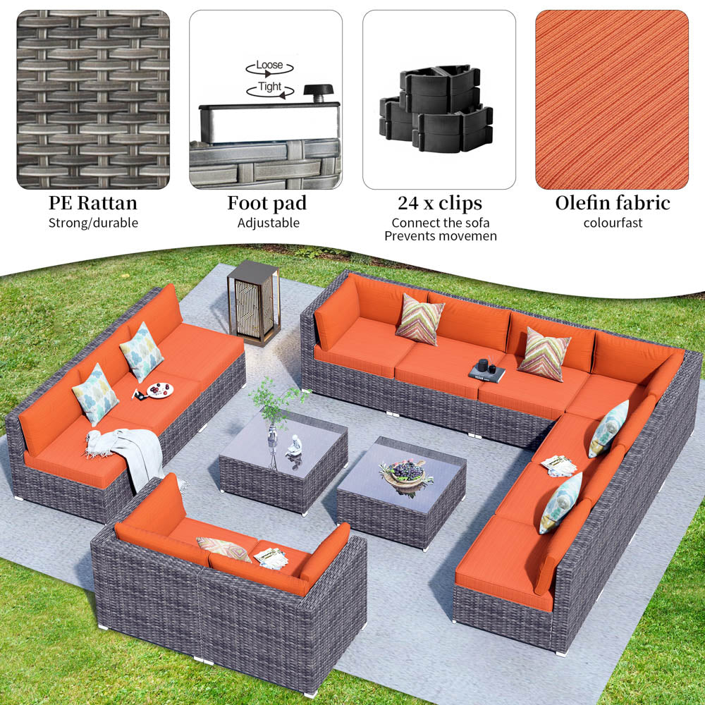 OVIOS Patio Furniture Set 14-Piece with All Weather Rattan Wicker Sofa and Tempered Glass Table