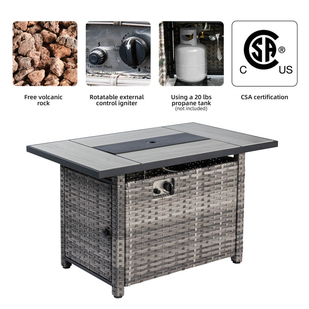 Ovios grey wicker fire pit table, 42-inch glass top, CSA certified, rotatable igniter. #color_Grey Wicker Denim Blue Cushion