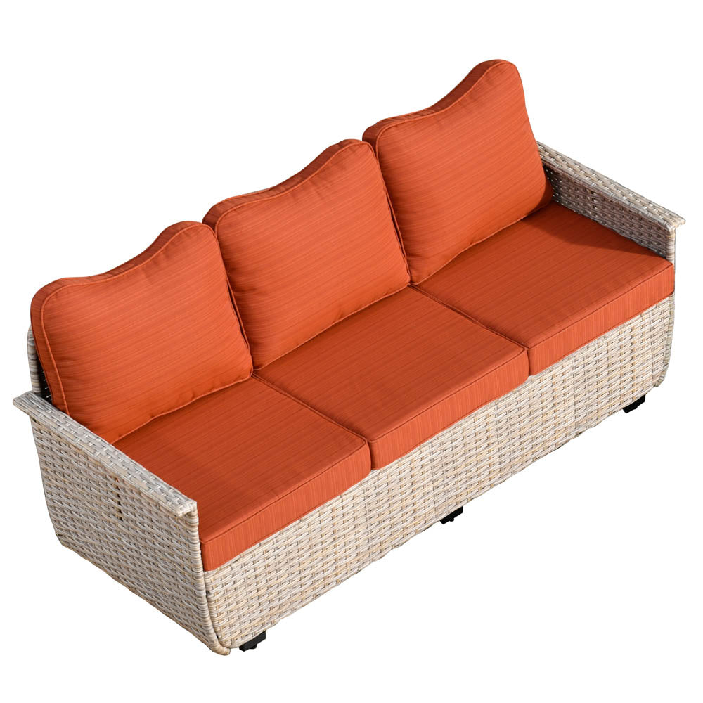 Ovios Patio Pet Conversation Set Beige Wicker 7 Pieces with 30'' Fire Pit and Swivel Rocking Chairs