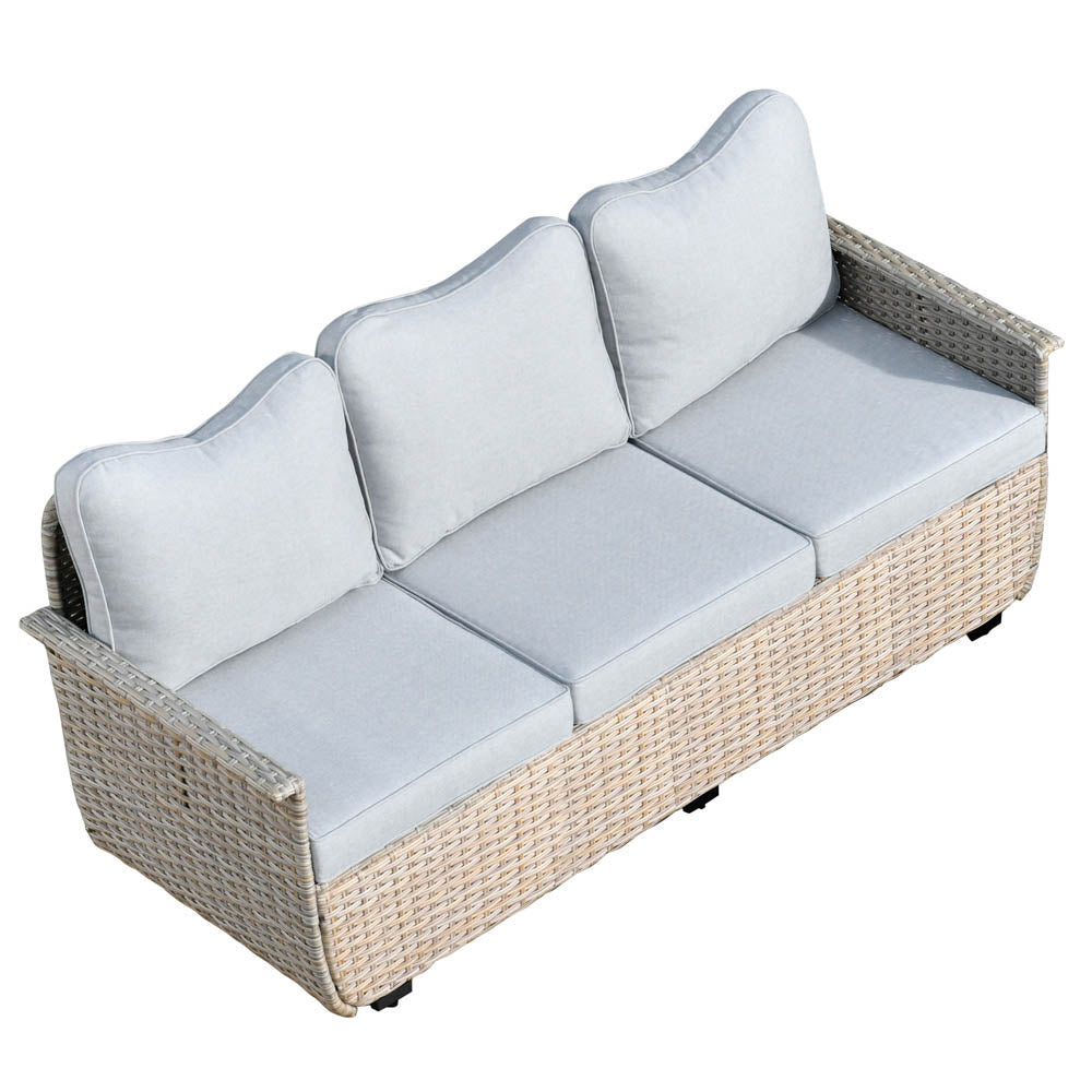 Ovios Patio Pet Conversation Set Beige Wicker 7 Pieces with 30'' Fire Pit and Swivel Rocking Chairs
