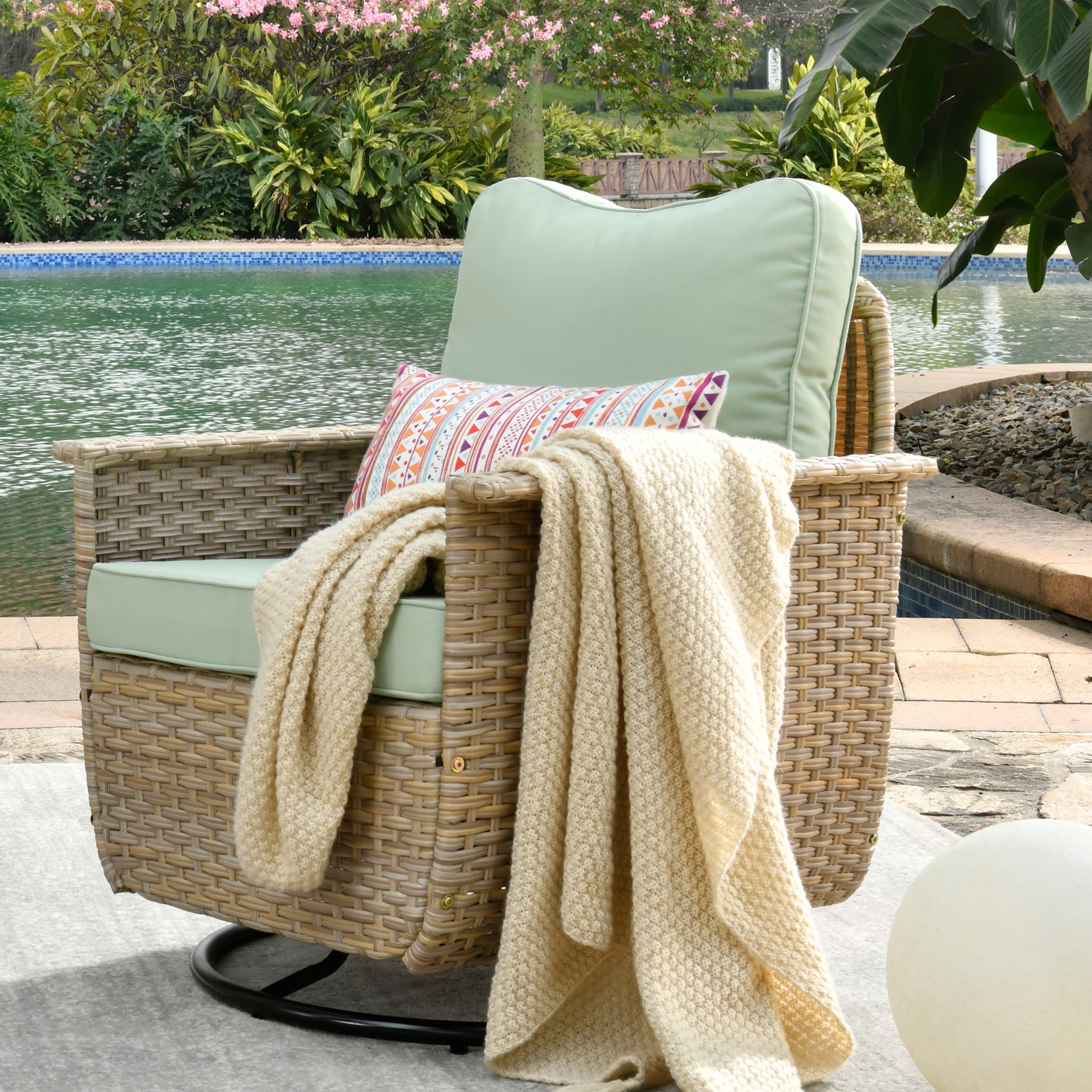 Ovios Outdoor Furniture Beige Wicker Set 8 Pieces with 2 Swivel Chair Side Table and Multifunctional Storage