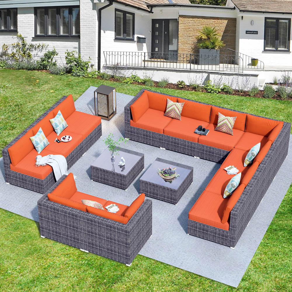 OVIOS Patio Furniture Set 14-Piece with All Weather Rattan Wicker Sofa and Tempered Glass Table