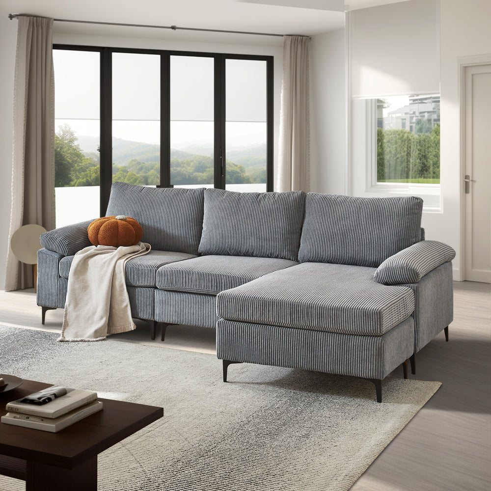 Ovios 100.02" Living Room Sofa Reversible Chaise Corduroy Fabric with Ottoman