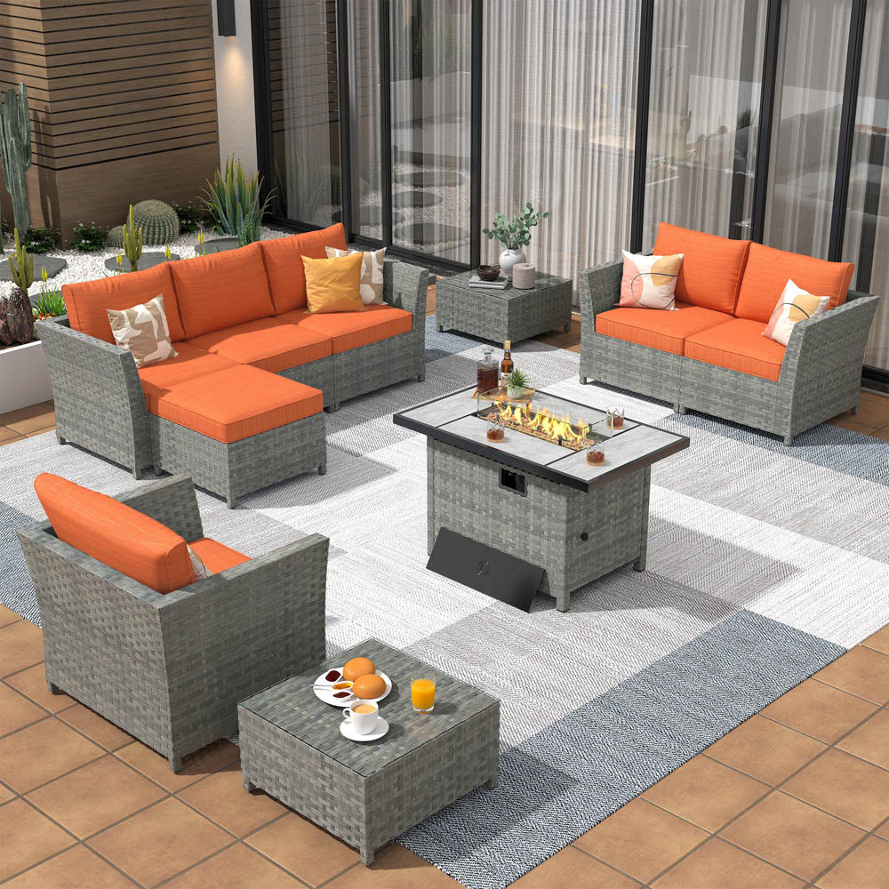 OVIOS New Rimaru Series Patio Furniture Set 10-Piece include 42"Rectangle Fire Pit Table Partially Assembled