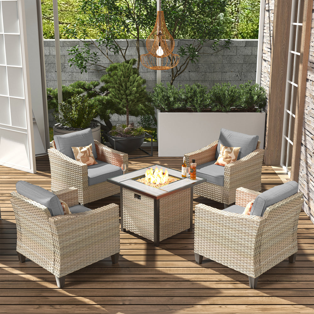 Ovios Athena Series Outdoor Patio Furniture Set with 30'' Fire Pit Table 5-Piece