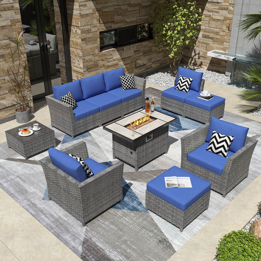 OVIOS New Rimaru Series Patio Furniture Set 10-Piece include 42"Rectangle Fire Pit Table Partially Assembled