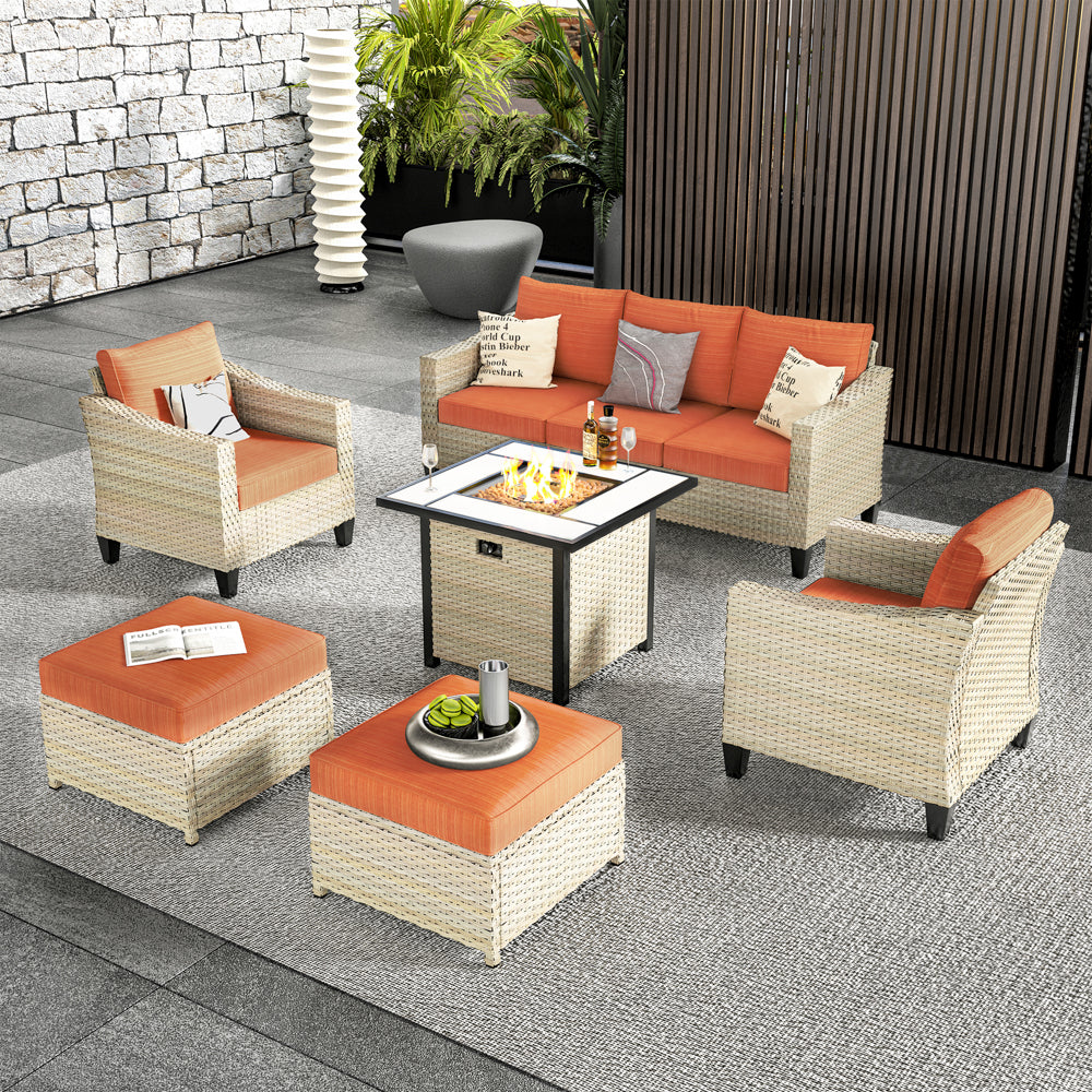 Ovios Athena Series Outdoor Patio Furniture Set with 30'' Fire Pit Table 6-Piece