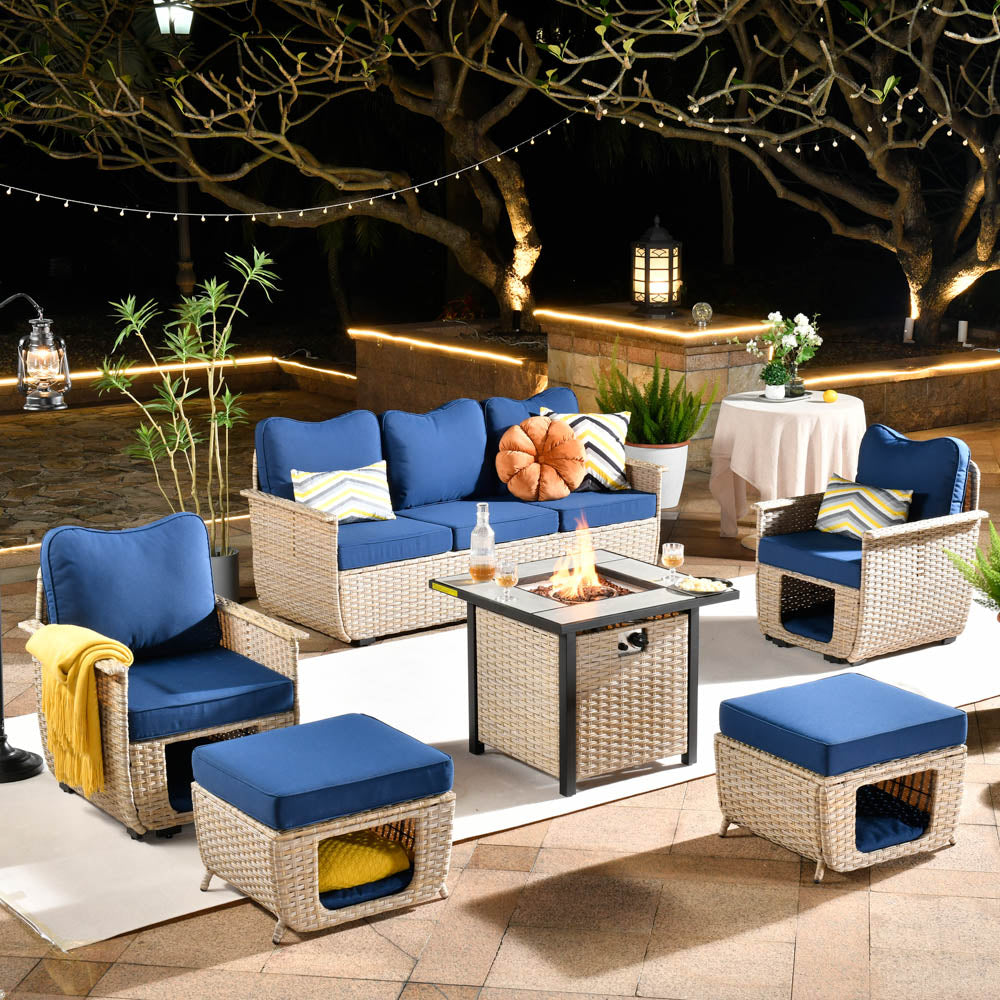 Ovios Patio Conversation Set 6 Pieces Beige Wicker with 30'' Fire Pit and Multifunctional Storage