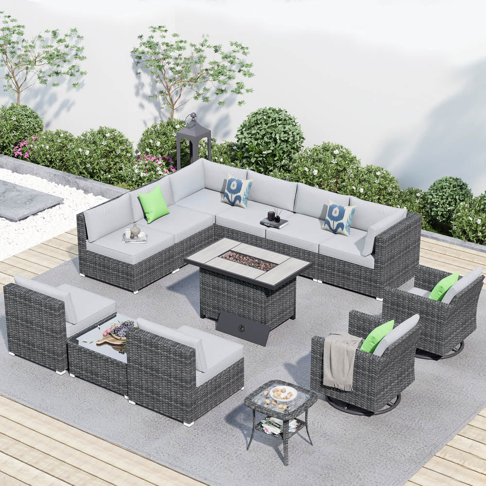 OVIOS Patio Furniture 13-Piece Outdoor Sectional Sofa Set with Wicker Rocking Swivel Chairs and 42.12'' Fire Pit