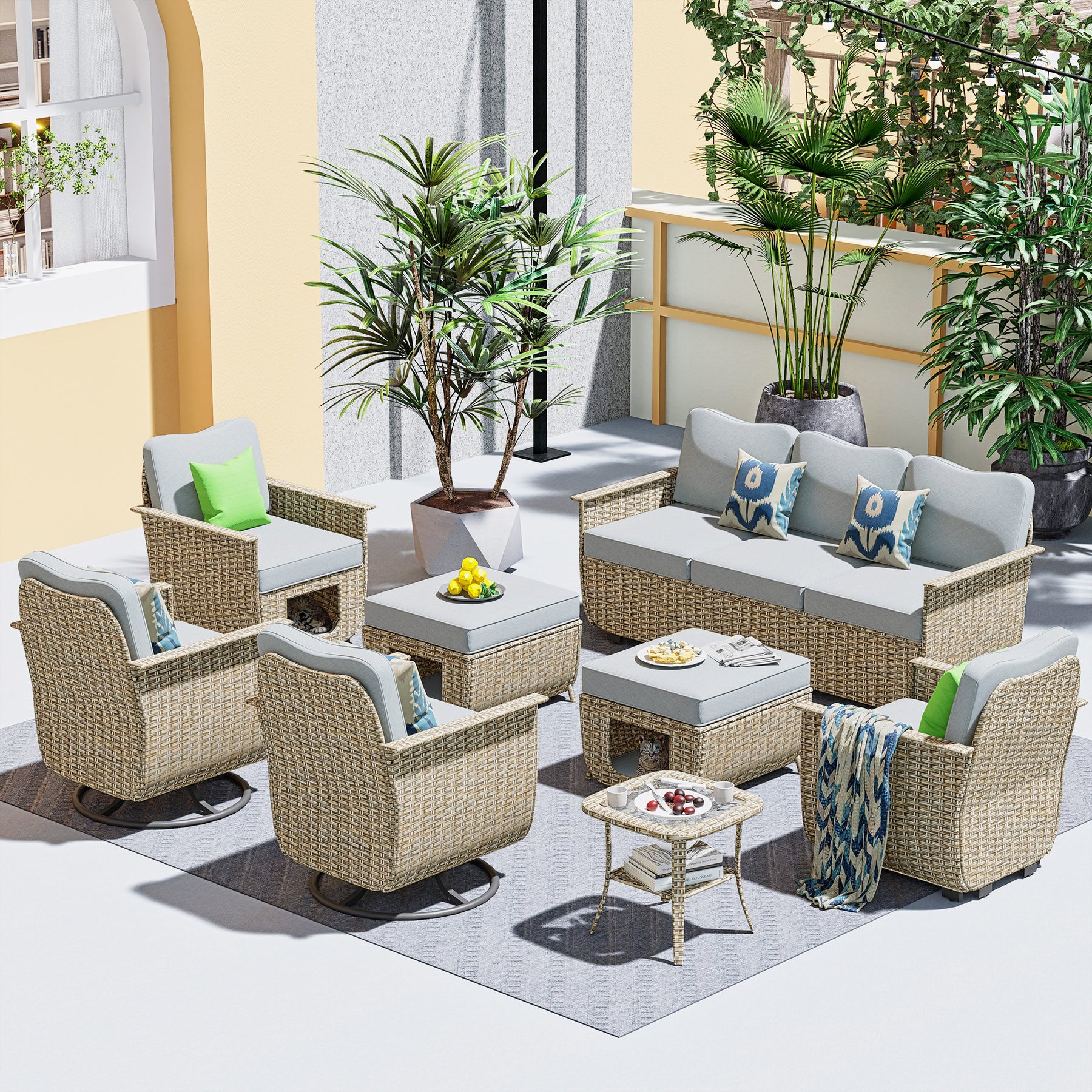 Ovios Outdoor Furniture Beige Wicker Set 8 Pieces with 2 Swivel Chair Side Table and Multifunctional Storage