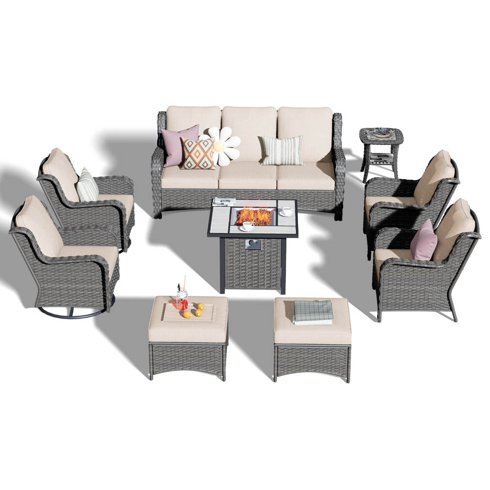 Ovios Outdoor Furniture 9-Piece with 30'' Fire Pit Table and Kenard 2 Rocking Chairs
