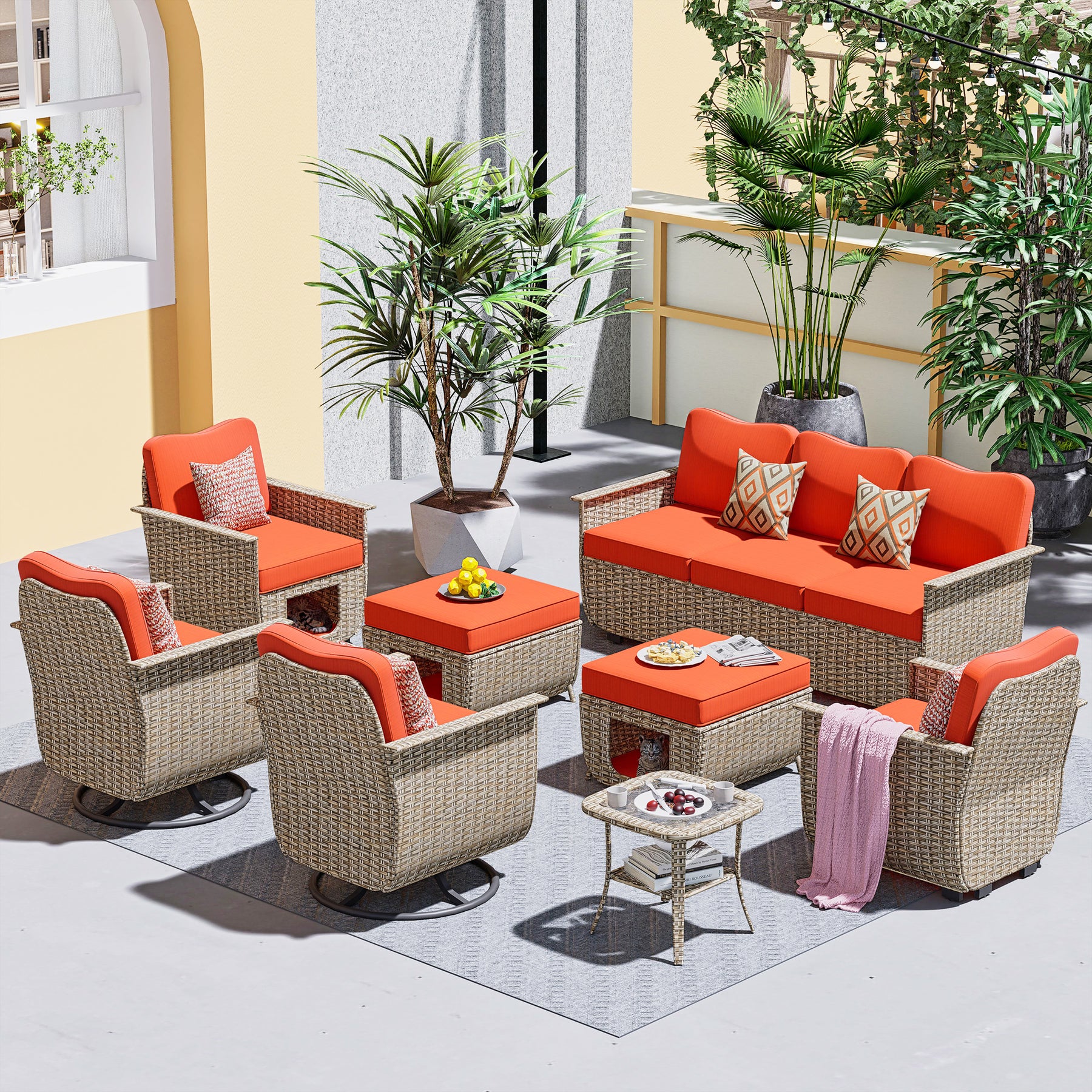 Ovios Outdoor Furniture Beige Wicker Set 8 Pieces with 2 Swivel Chair Side Table and Multifunctional Storage