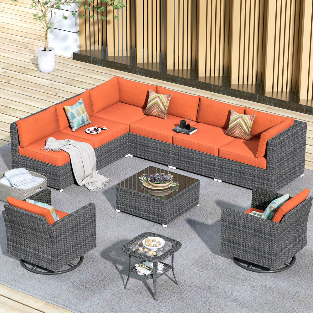 OVIOS Patio Furniture 10-Piece Outdoor Sectional Sofa Set with Wicker Rocking Swivel Chairs and Tempered Glass Table