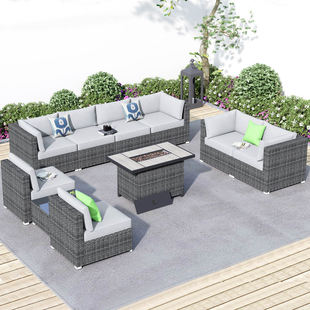 OVIOS Patio Furniture Set 10-Piece with All Weather Rattan Wicker Sofa and 42.12'' Fire Pit