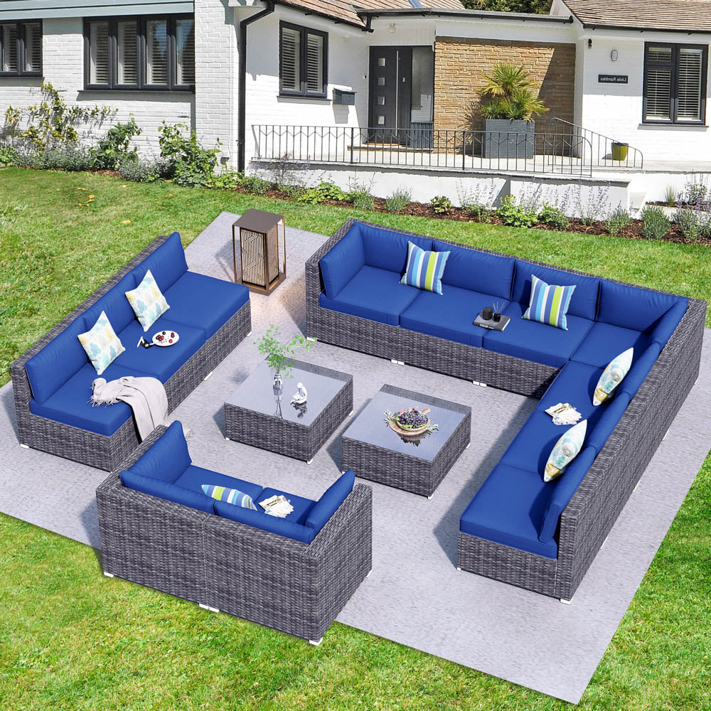 OVIOS Patio Furniture Set 14-Piece with All Weather Rattan Wicker Sofa and Tempered Glass Table
