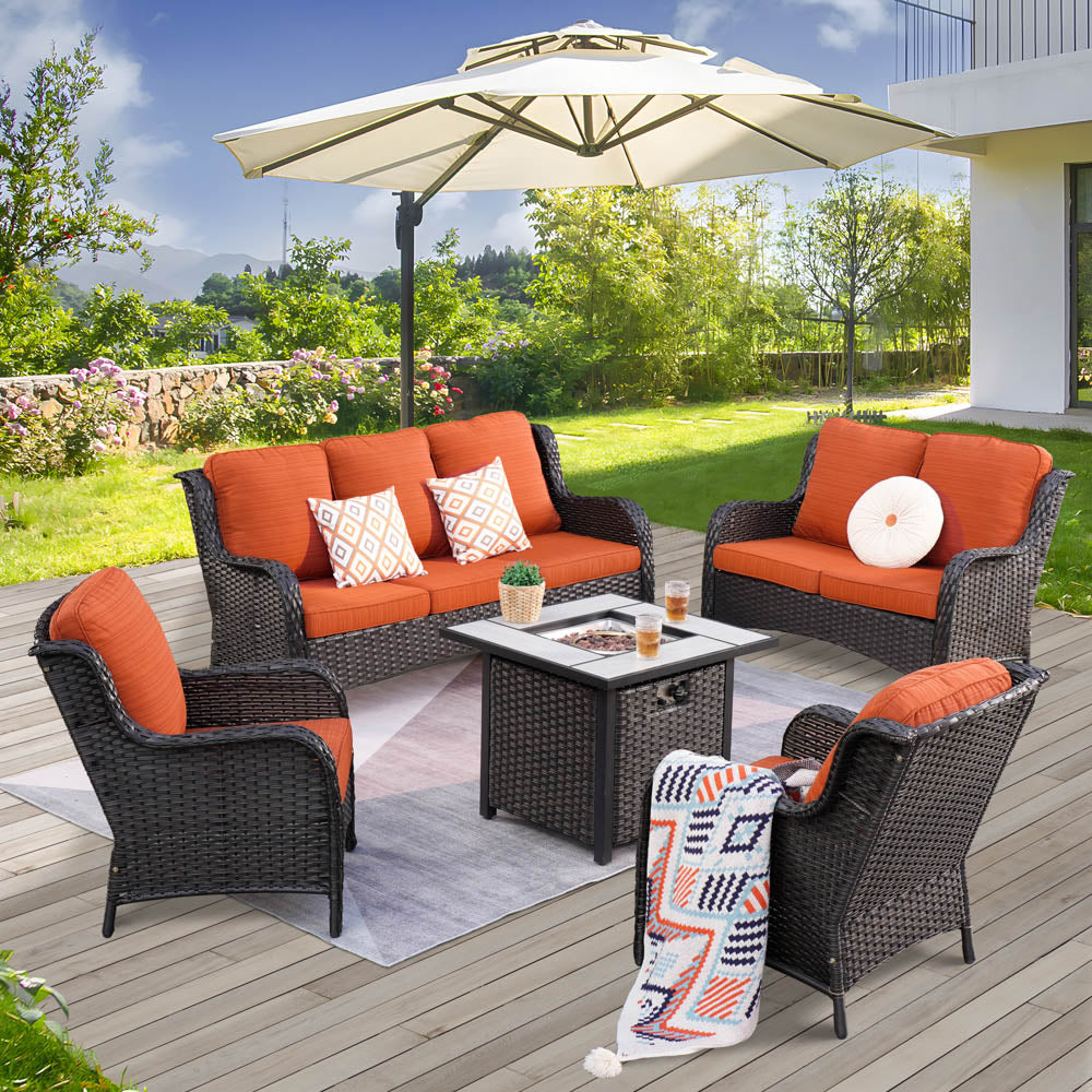 Ovios Patio Kenard 5-Piece Conversation Set with 30'' Fire Pit Table and Loveseat