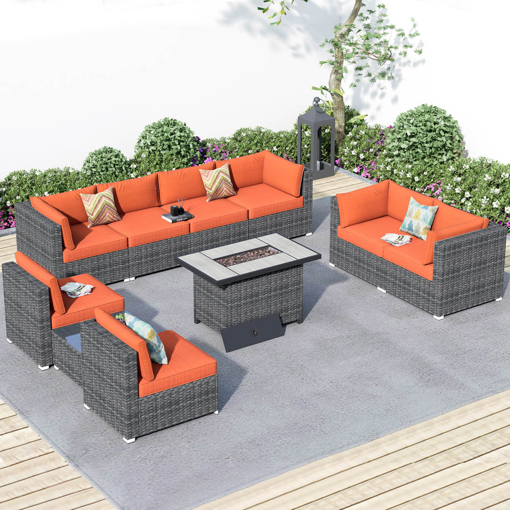 OVIOS Patio Furniture Set 10-Piece with All Weather Rattan Wicker Sofa and 42.12'' Fire Pit