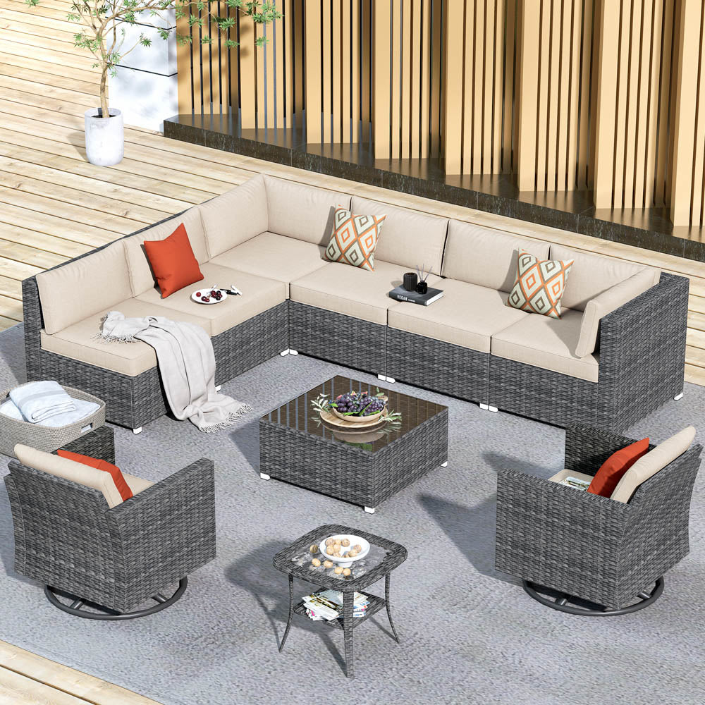 OVIOS Patio Furniture 10-Piece Outdoor Sectional Sofa Set with Wicker Rocking Swivel Chairs and Tempered Glass Table