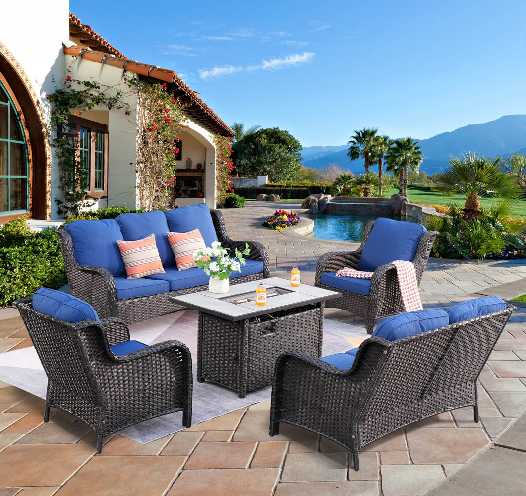 OVIOS Patio Kenard 5-Piece Conversation Set with 42'' Fire Pit Table and Loveseat