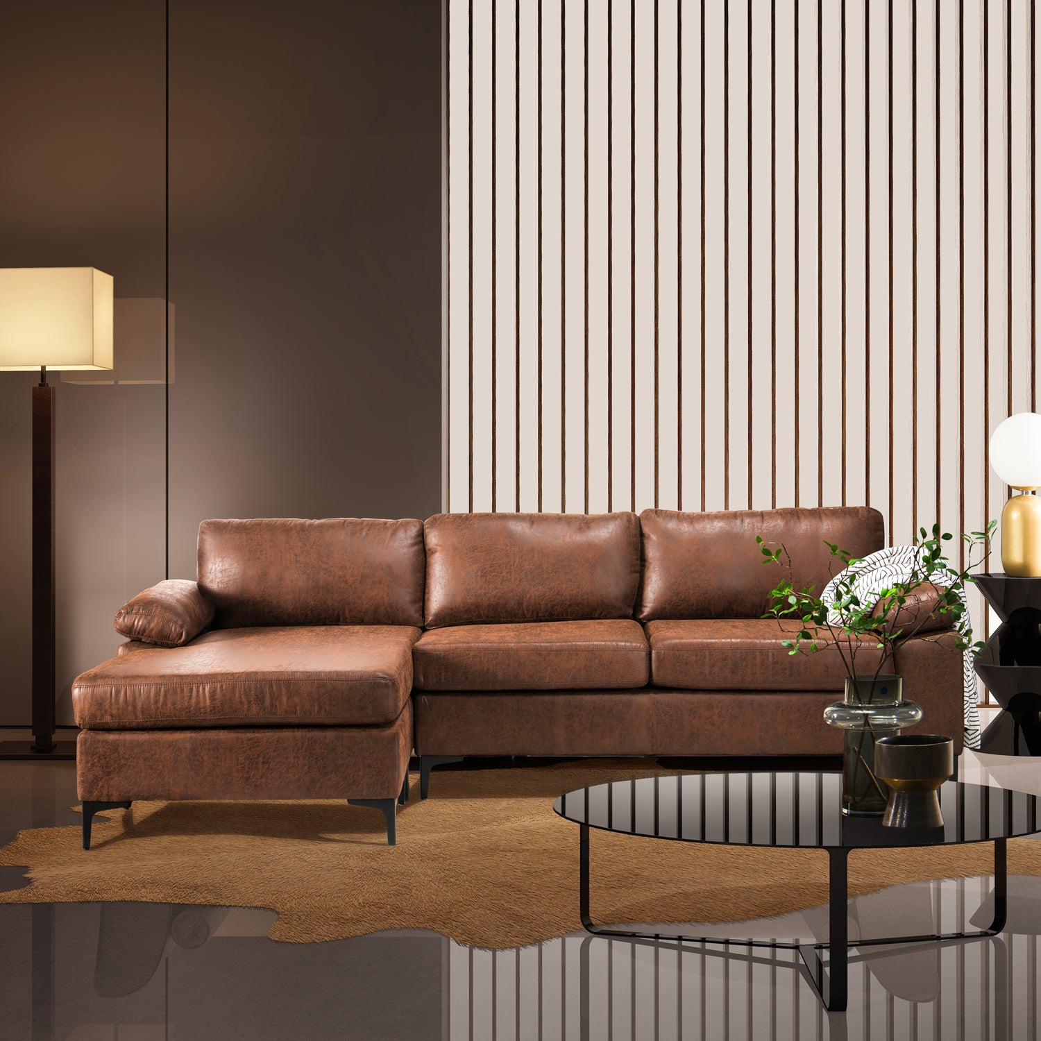 Ovios Living Room Reversible Sofa Chaise 100.40" Wide with Ottoman