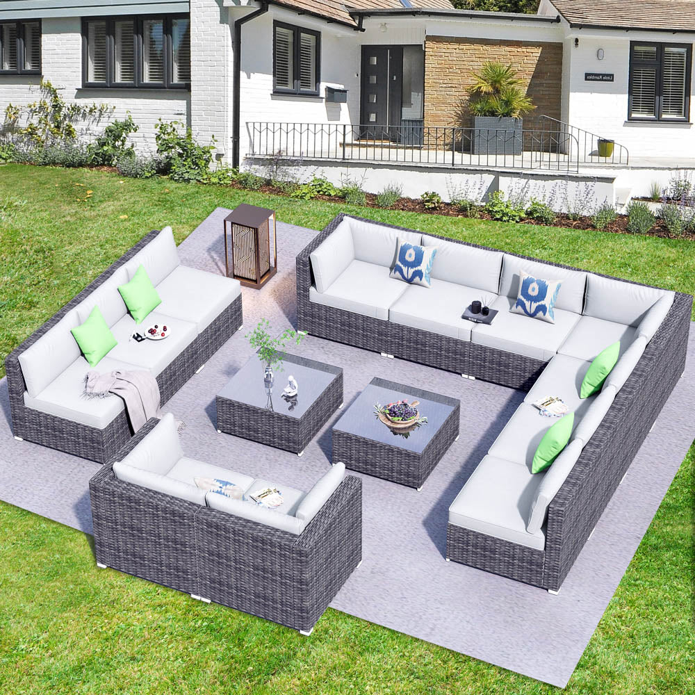 OVIOS Patio Furniture Set 14-Piece with All Weather Rattan Wicker Sofa and Tempered Glass Table