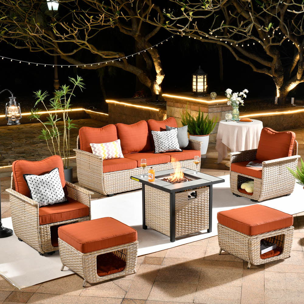 Ovios Patio Conversation Set 6 Pieces Beige Wicker with 30'' Fire Pit and Multifunctional Storage