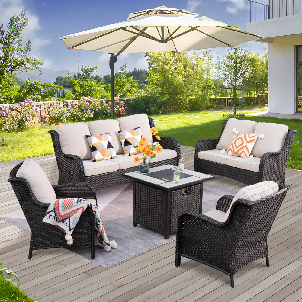 Ovios Patio Kenard 5-Piece Conversation Set with 30'' Fire Pit Table and Loveseat