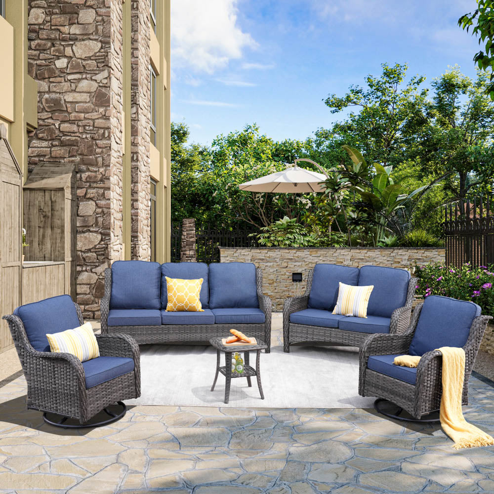 Ovios Patio Kenard 5-Piece Conversation Set with Loveseat and Swivel Rocking Chairs
