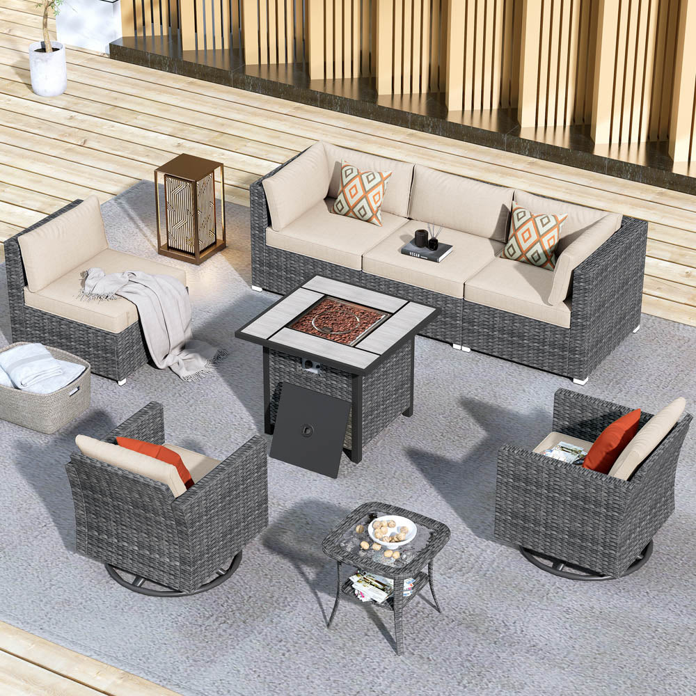 OVIOS Patio Furniture 8-Piece Outdoor Sectional Sofa Set with Wicker Rocking Swivel Chairs and 30'' Fire Pit