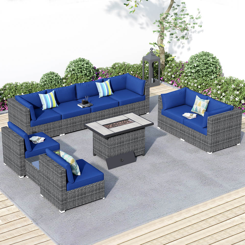 OVIOS Patio Furniture Set 10-Piece with All Weather Rattan Wicker Sofa and 42.12'' Fire Pit