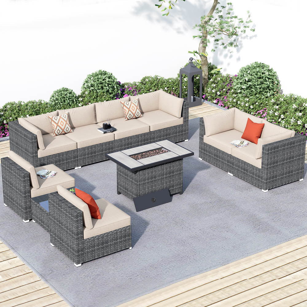 OVIOS Patio Furniture Set 10-Piece with All Weather Rattan Wicker Sofa and 42.12'' Fire Pit