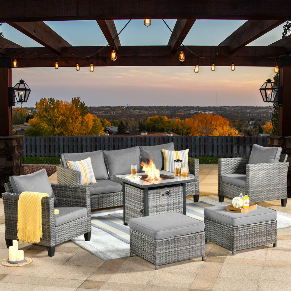 OVIOS Patio Conversation Set 6-Piece with 30'' Fire Pit Table and Vultros Set