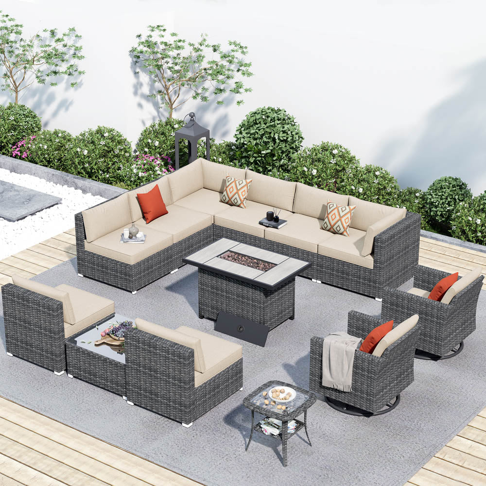 OVIOS Patio Furniture 13-Piece Outdoor Sectional Sofa Set with Wicker Rocking Swivel Chairs and 42.12'' Fire Pit