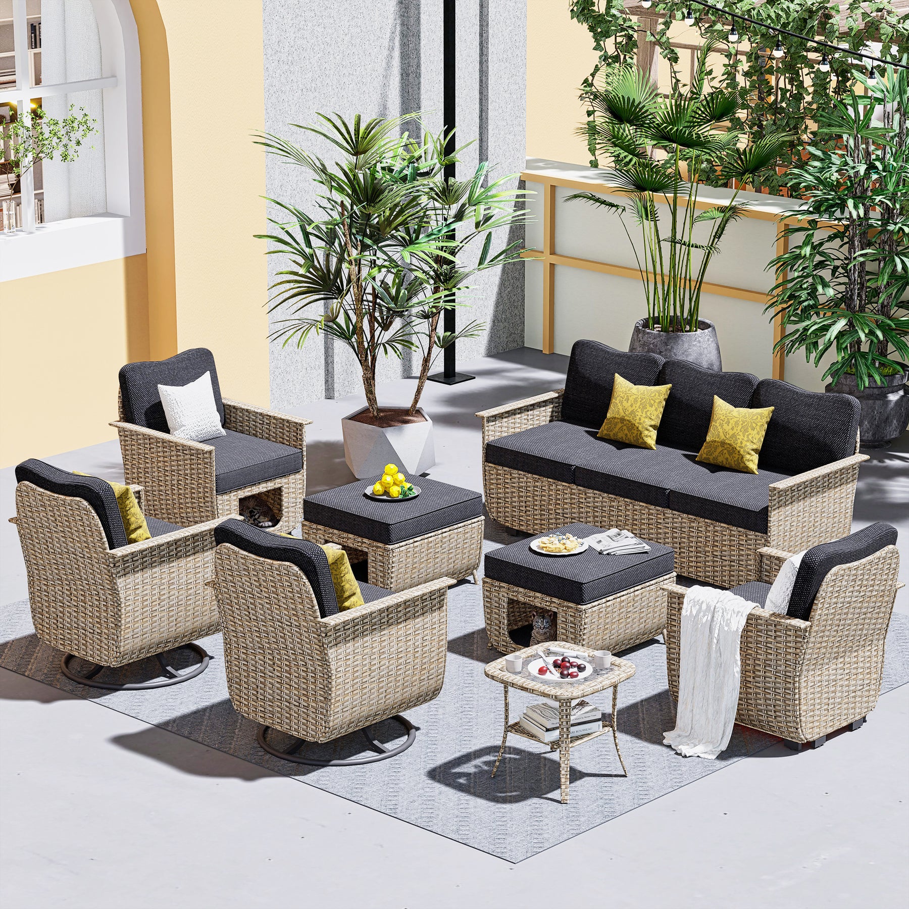 Ovios Outdoor Furniture Beige Wicker Set 8 Pieces with 2 Swivel Chair Side Table and Multifunctional Storage