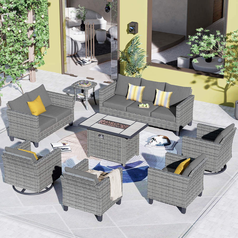 OVIOS Patio Vultros 8-Piece Set With Swivel Chair and Rectangle 42'' Propane Fire Pit Table