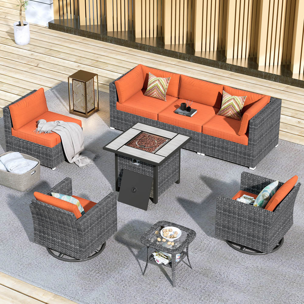 OVIOS Patio Furniture 8-Piece Outdoor Sectional Sofa Set with Wicker Rocking Swivel Chairs and 30'' Fire Pit