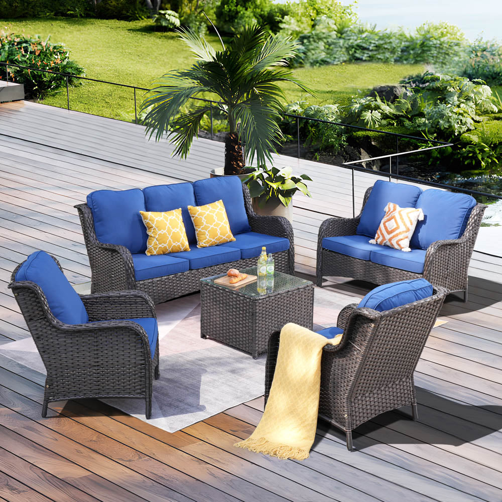 Ovios Patio Kenard 5-Piece Conversation Set with Loveseat and Tempered Glass Table
